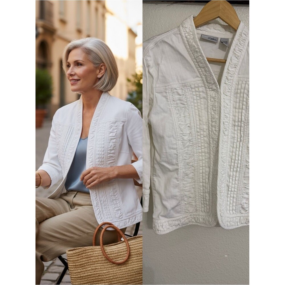 Chico’s Platinum White Ruched Open Front Jacket 1 Cotton Blend 3/4 read desc